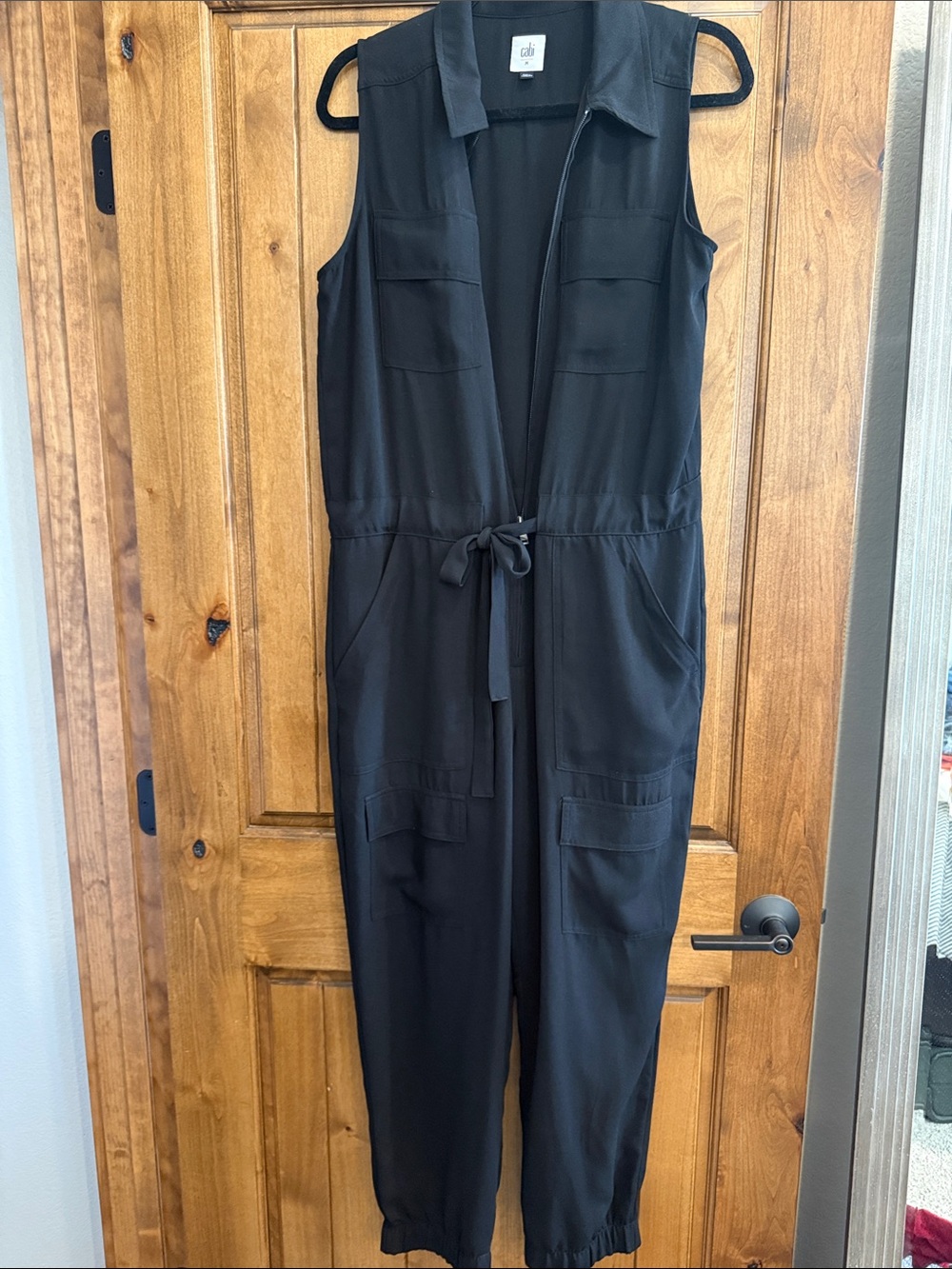 CAbi Black Sleeveless Utility Jumpsuit with Tie Waist